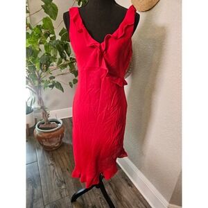 Vintage Breakin Loose Red Ruffle V-Neck Midi Dress Sleeveless‎ 9/10 Made in USA